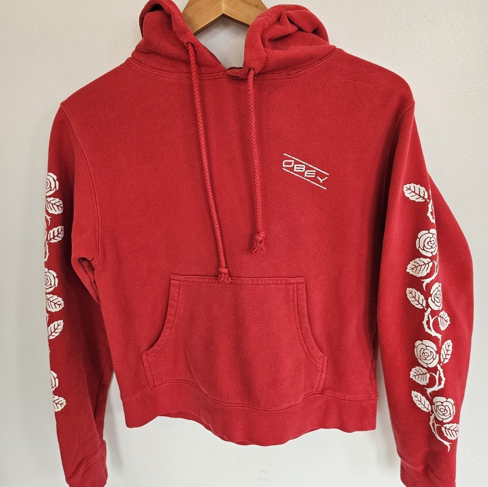 Obey Women's Red Hoodie with White Rose Design